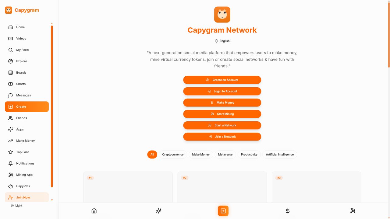 The Capygram Network home screen, where the social feed, mining and mini-app directory share a single account