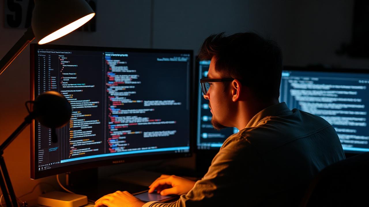 A software engineer reviewing code at a dual-monitor workstation at night