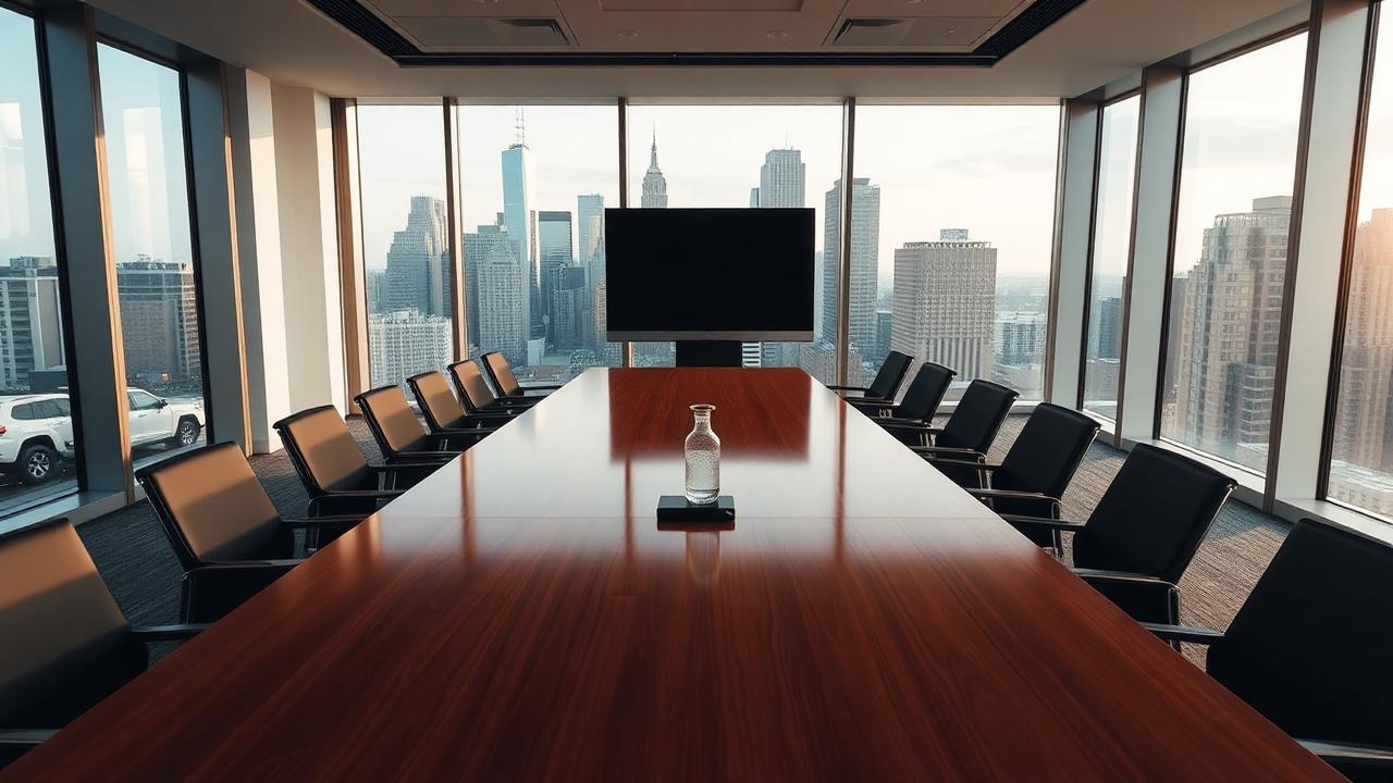 An empty bank boardroom overlooking a city skyline