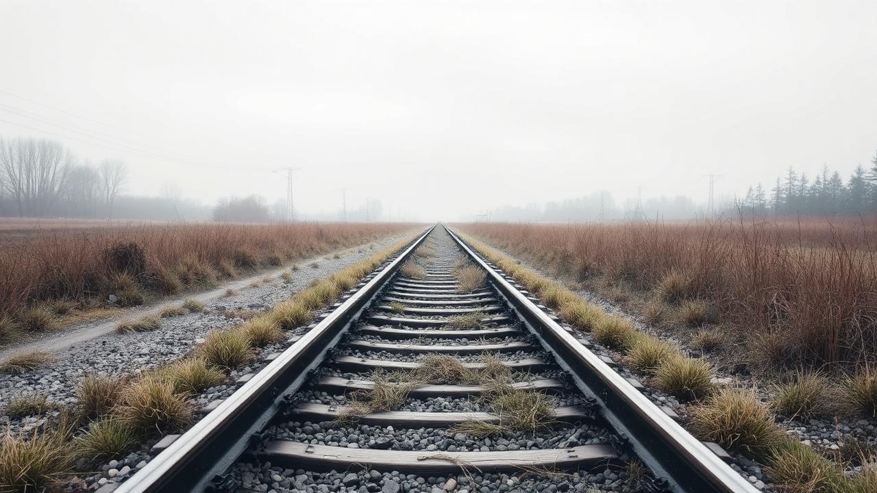 A railway line running into empty overgrown fields under an overcast sky