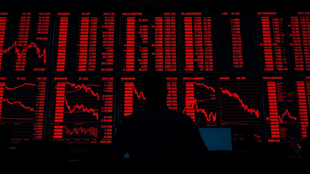 A trader silhouetted against a wall of declining red market screens