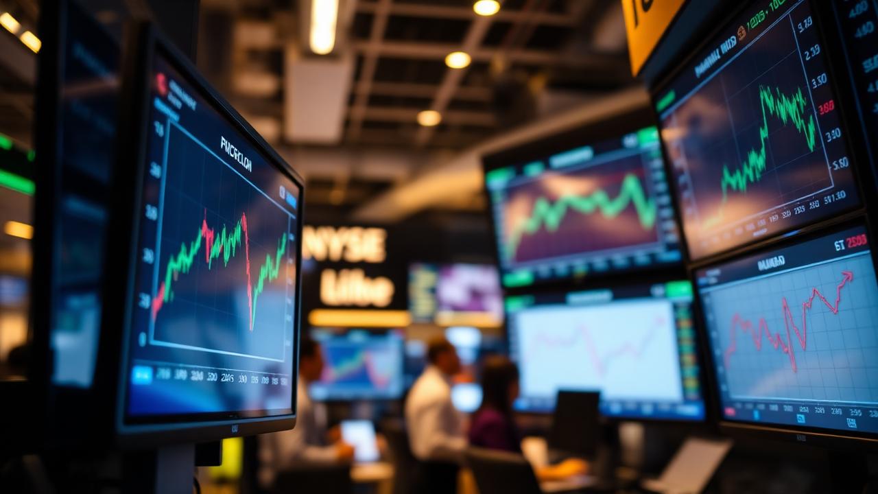 Trading floor monitors showing market charts