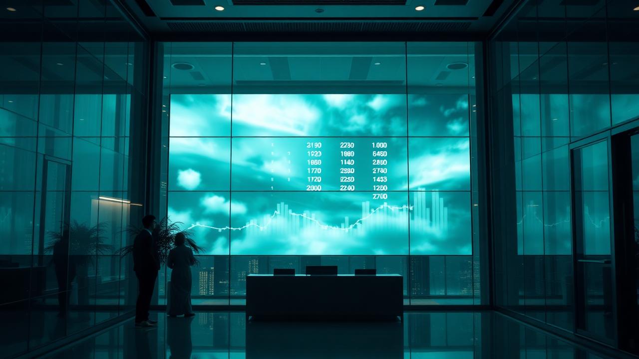 A glass corporate lobby with a financial data display