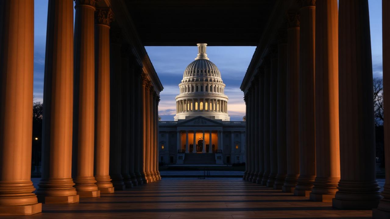 The US Capitol dome at dusk framed by a colonnade