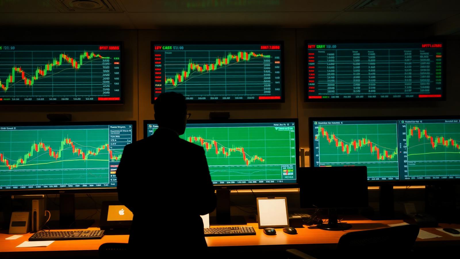Trader silhouetted against monitors showing candlestick charts
