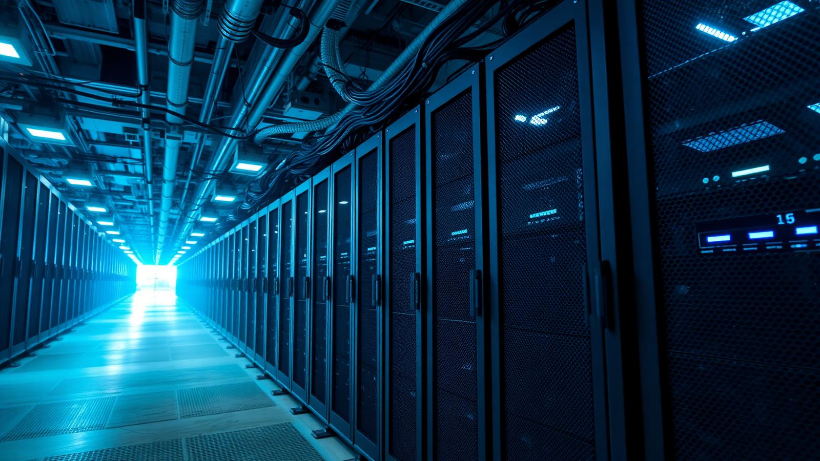 Row of mining rigs glowing in an industrial data center aisle