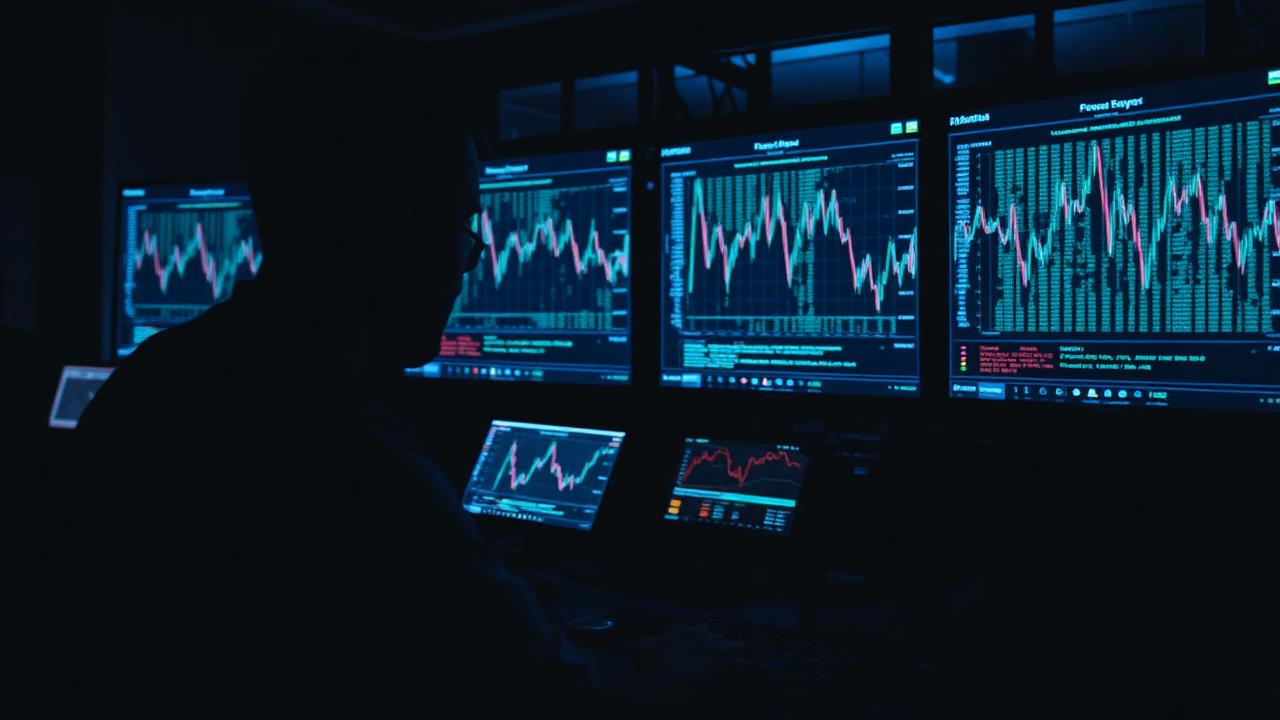 An analyst reviewing transaction data on dark monitors