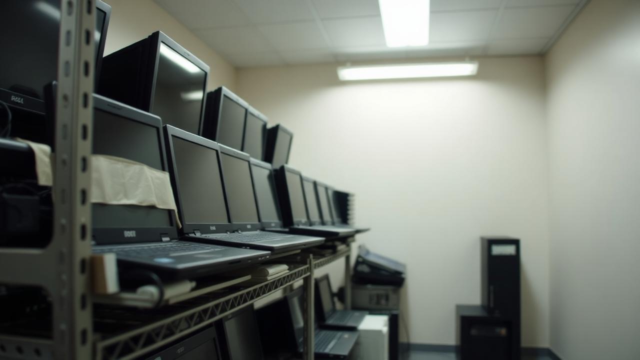 Rows of laptops running on a shelf rack in a plain room