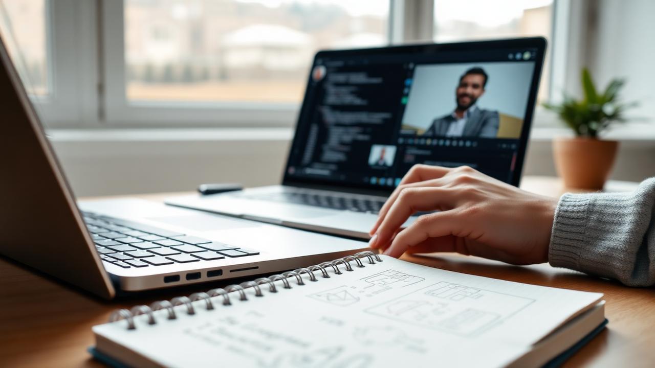 Hands at a laptop during a developer call beside handwritten diagrams