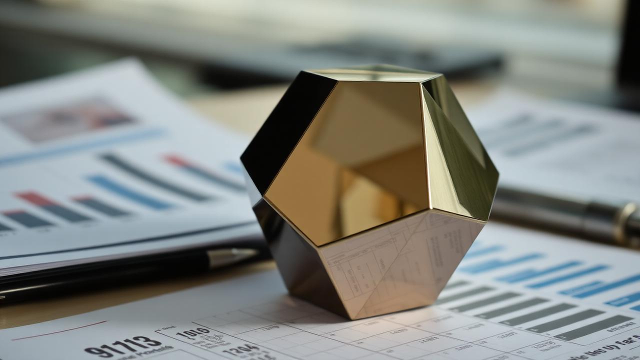 A polished metal octahedron paperweight resting on financial printouts
