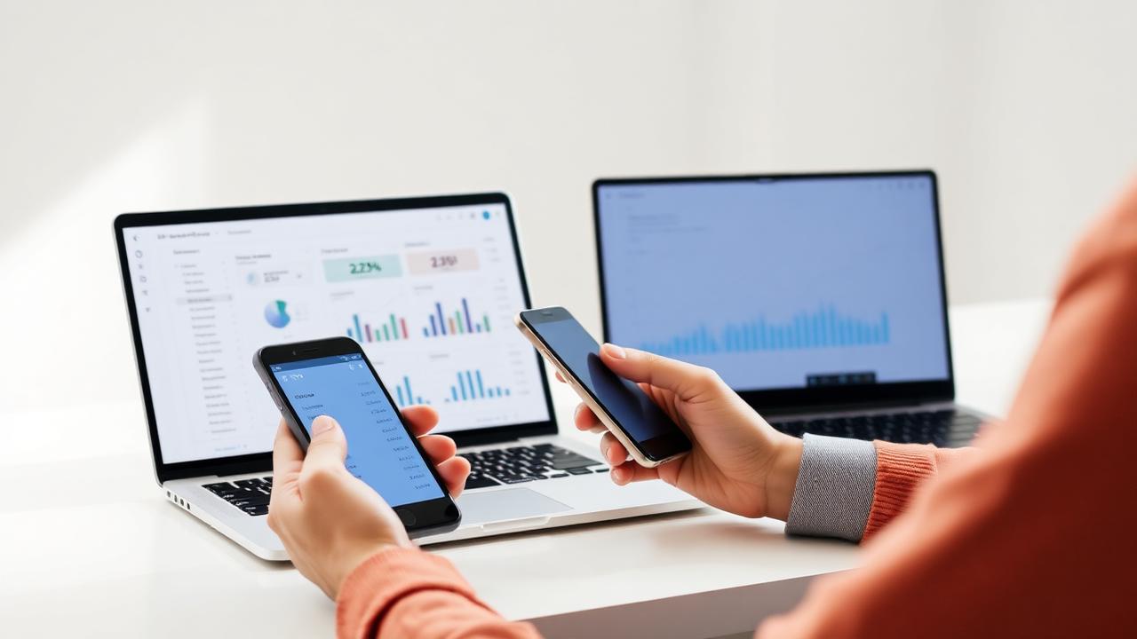 A person using a finance app on a phone beside a laptop