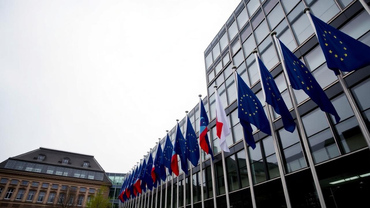 European Union flags outside a Brussels institutional building