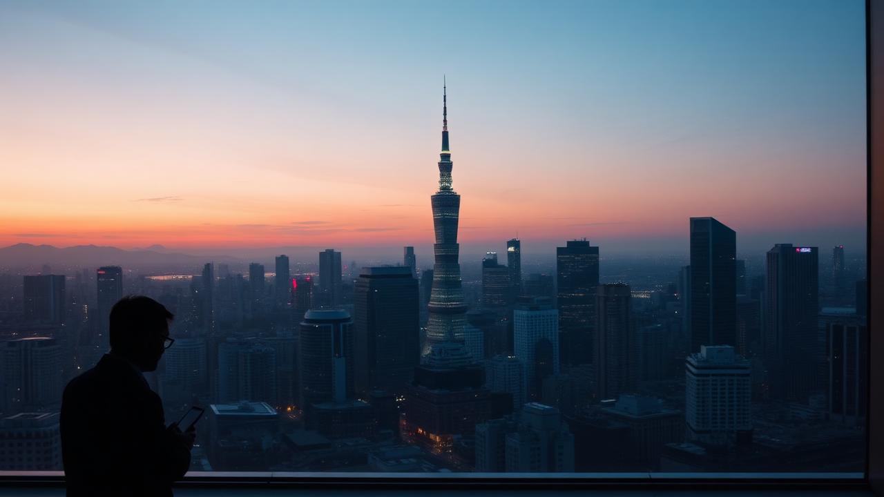 The Tokyo skyline at dusk seen through an office window