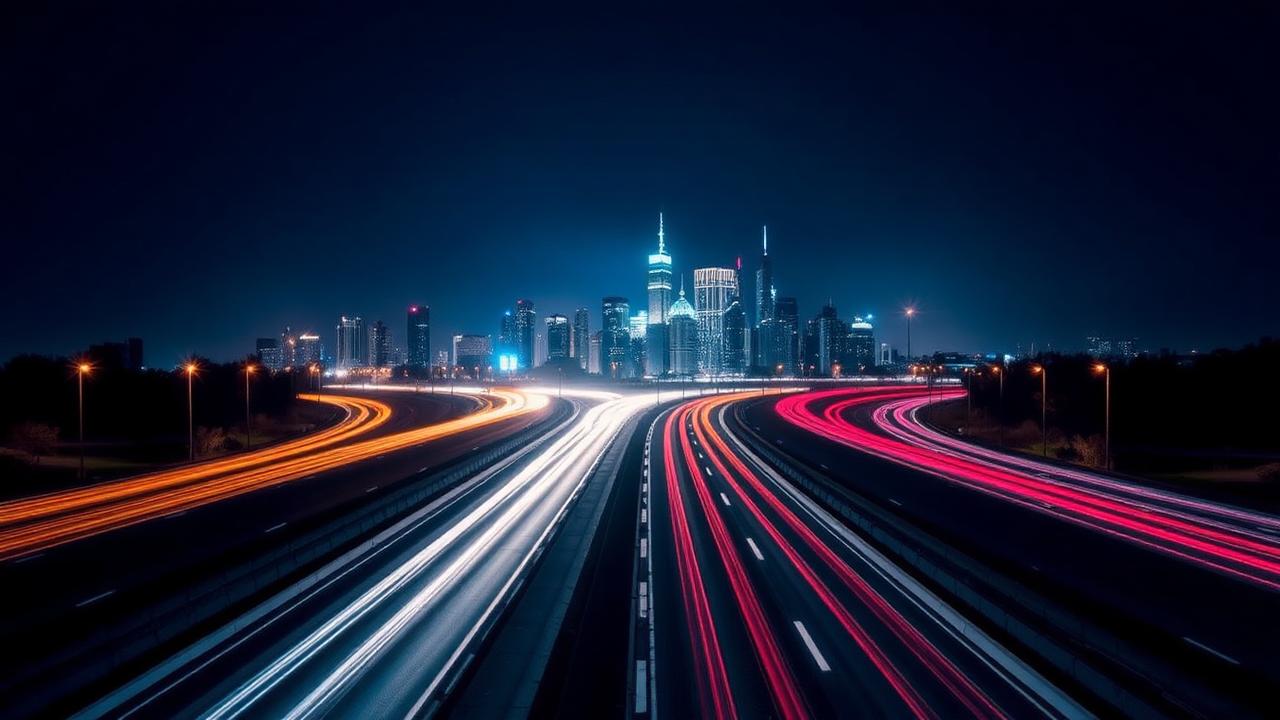 Long-exposure highway light trails converging on a city skyline at night