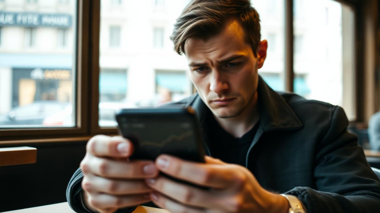A person looking worried at a phone in a European cafe
