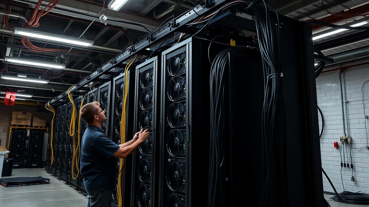 A technician installing high-density computing servers in a converted warehouse