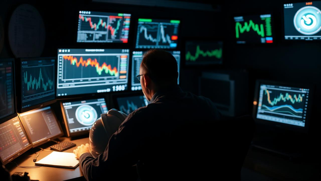 A mining company operator studying financial charts in a dim control room