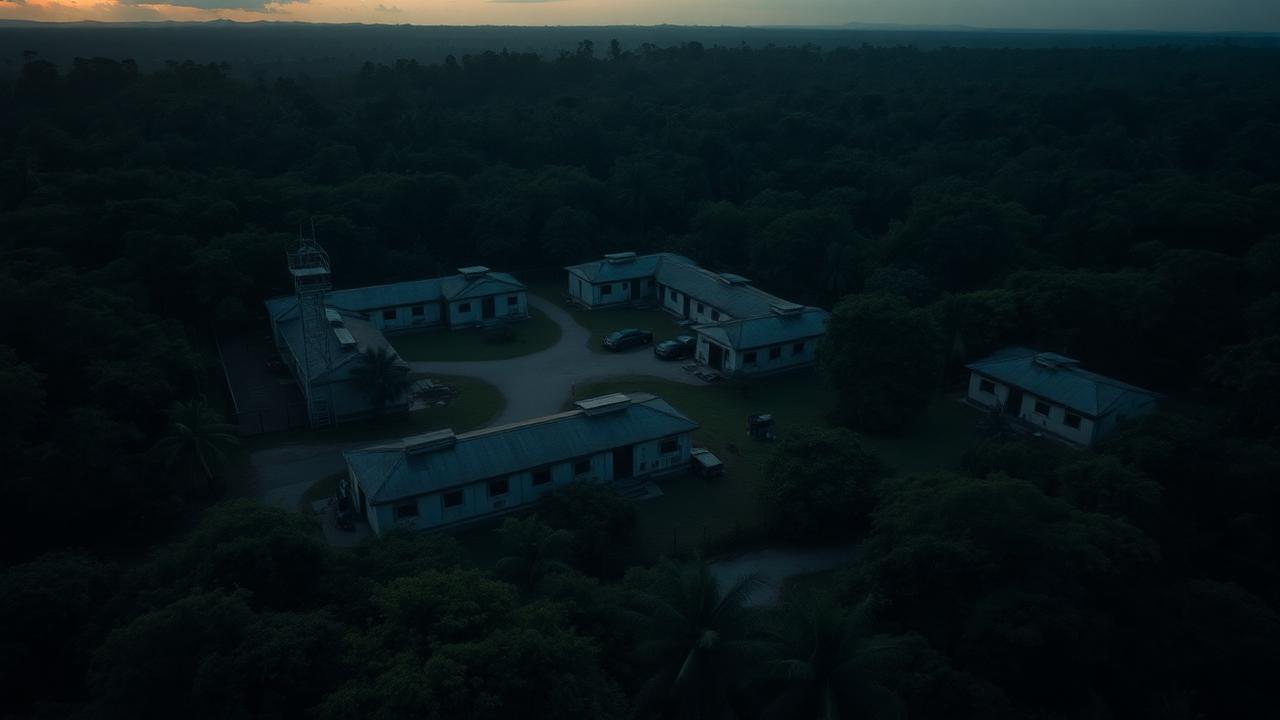 An aerial view of a fenced compound surrounded by jungle at dusk