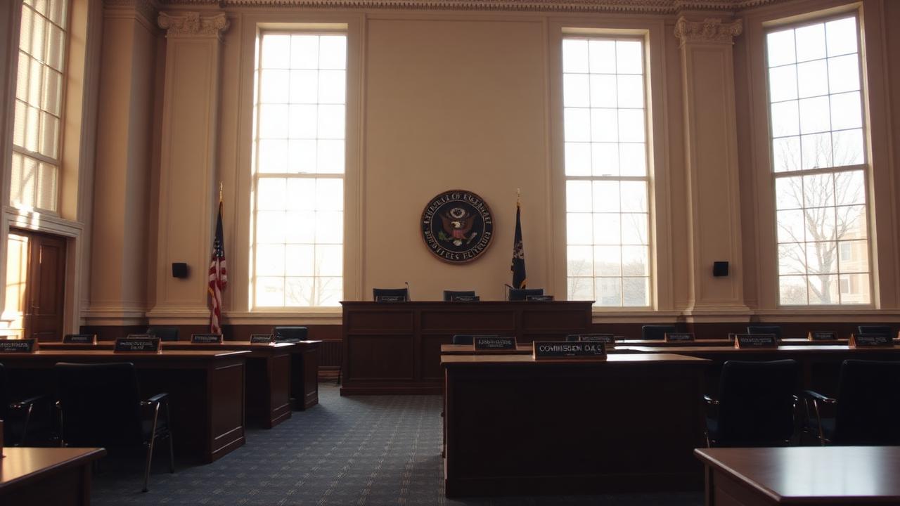 An empty federal agency hearing room with a vacant commissioner dais