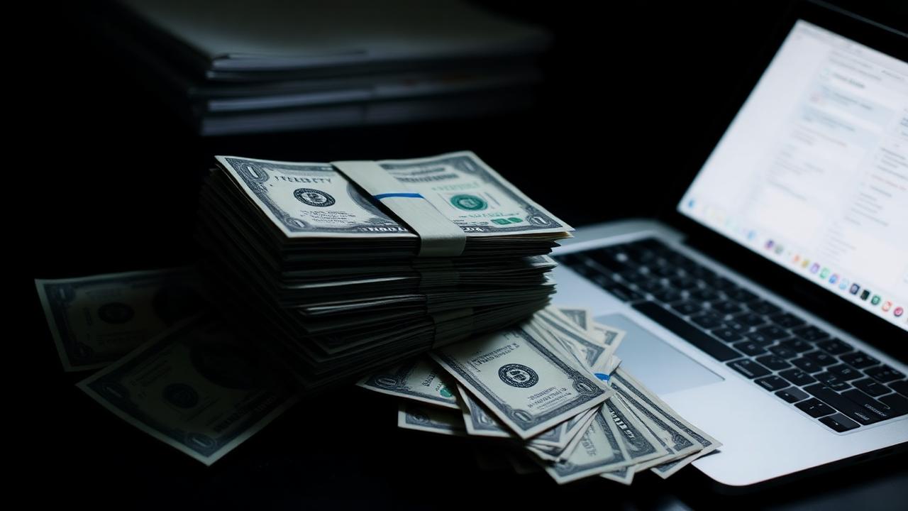 Stacked dollar notes beside a laptop on a dark desk