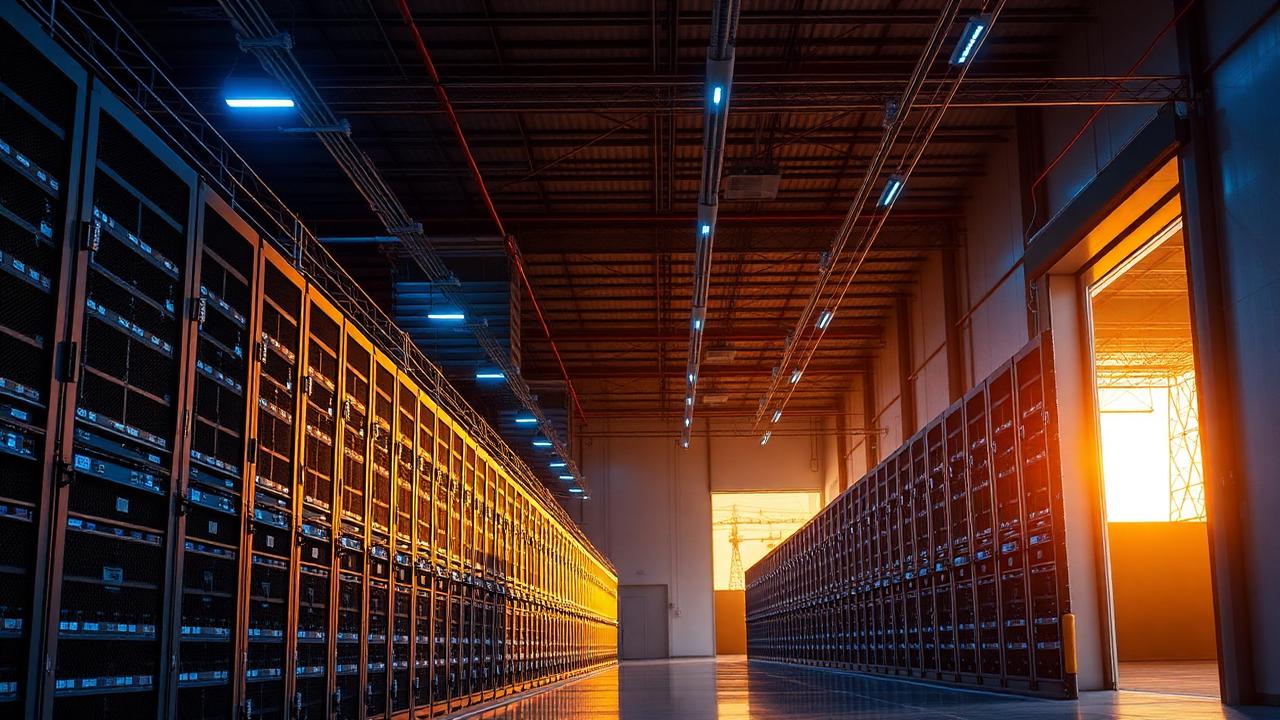Rows of server racks inside a large Texas data center with transmission lines visible outside