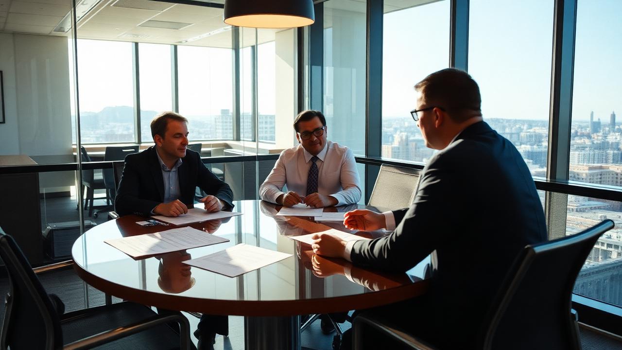Investors reviewing term sheets in a glass conference room