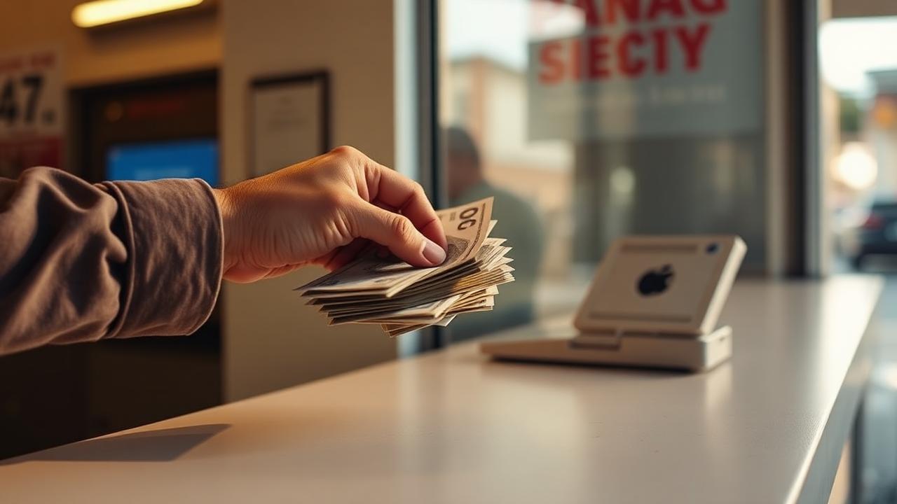 Hands passing cash across the counter of a small money transfer shop